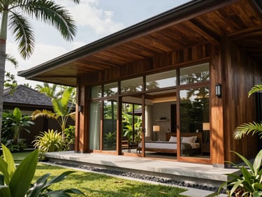 Modern Tropical luxury villa exterior with timber accents, deep roof eaves, large glass windows, lush tropical landscaping in Malaysia, bright daylight