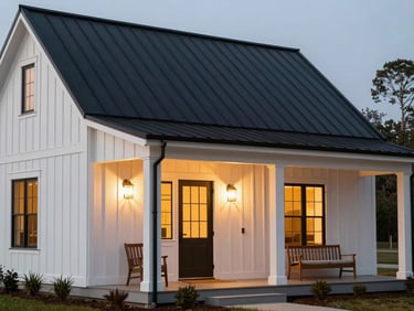 Modern Farmhouse residential exterior with white vertical board and batten siding, black metal roof, cozy front porch, warm inviting lighting