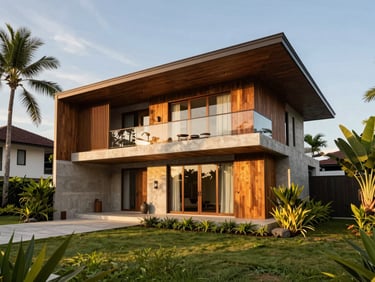 Wide-angle exterior elevation of a modern luxury tropical bungalow in Malaysia at golden hour, warm lighting highlighting timber and concrete textures, manicured tropical landscape.