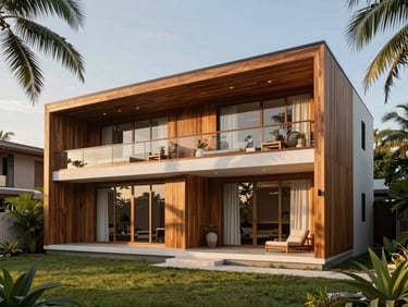 A high-end modern tropical bungalow exterior render with timber facades during golden hour