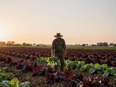 Agricultor local cosechando verduras frescas en un campo al atardecer, luz cálida, plano medio.