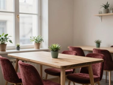 Interior acogedor de restaurante de estilo escandinavo, mesas de madera clara, plantas, luz natural suave.