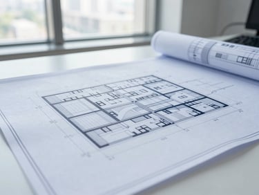Close-up architectural photograph of structured blueprints on a clean desk, bright natural office window light, high-contrast professional finish