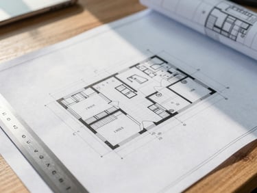 Close-up of architectural blueprints on a wooden desk with a steel ruler and warm sunlight, professional finish