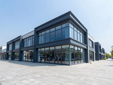 Wide-angle architectural photograph of a modern commercial retail plaza exterior with glass storefronts, clean stone pavement, bright daylight, corporate blue tones