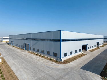 High-angle drone shot of a modern industrial warehouse with clean concrete roads and blue sky, sharp architectural photography