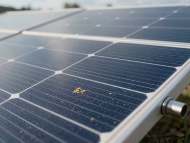 Close-up of photovoltaic solar panel cells filmed under overcast natural light, surface showing dust and organic film deposits across the dark blue cell grid, equipment nozzle visible at the edge of the frame