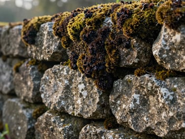 Close-up of a low stone garden wall colonised by dark moss and algae, soft early morning light, rough-cut Corsican stone texture in full detail