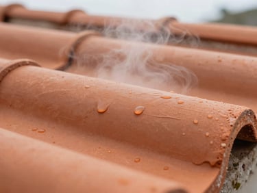 Close-up of a Corsican terracotta roof tile after steam treatment, clean warm orange surface revealed, soft overcast daylight, no glare, texture of the fired clay clearly visible, droplets of condensed steam still present