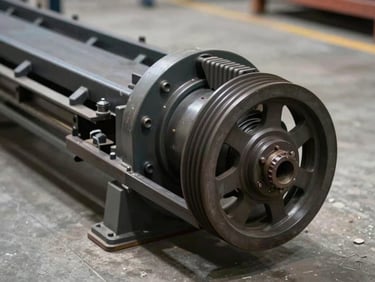 Close-up documentation of an industrial belt conveyor drive-end assembly on a concrete floor under sharp overhead work lights, pulley and belt detail visible, no people
