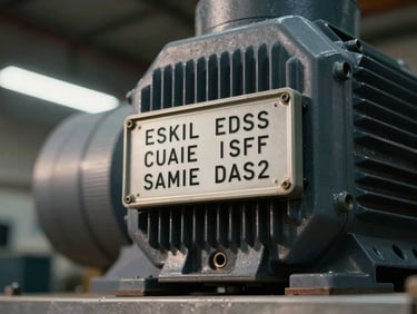 Close-up of an industrial electric motor nameplate with serial number visible, mounted on a steel frame under sharp directional workshop light, high contrast, no people