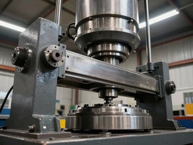 Angled close-up of a large industrial hydraulic press platen and frame in an organized warehouse bay under overhead fluorescent lights, steel surface detail, no people