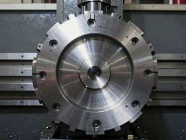 Overhead flat-lay of a large industrial CNC lathe chuck face under sharp white workshop lights, machined steel rings and bolt pattern in sharp focus, dark floor below