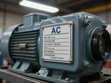 Extreme close-up of a large AC industrial motor nameplate and terminal box on a steel skid under angled workshop fluorescent light, rating plate sharp in focus, no people