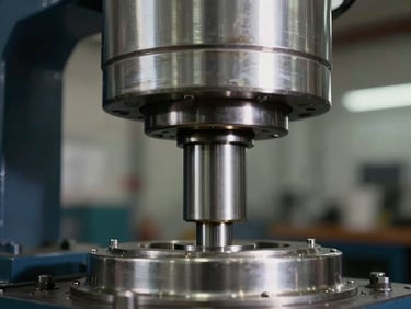 Extreme close-up of an industrial hydraulic press ram and guide columns under angled workshop lighting, polished steel cylinder, high contrast, no people