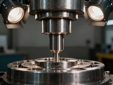 Extreme close-up of a heavy hydraulic press ram and die set under angled workshop spotlights, polished steel surface with tool marks, dark industrial background