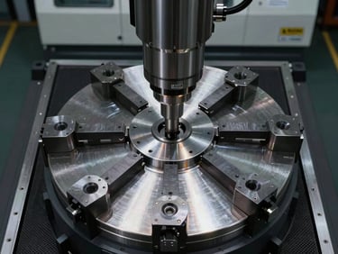 Overhead flat-lay documentation of a VMC vertical machining center spindle head and tool changer carousel under sharp directional workshop lighting, machined surfaces visible, no people