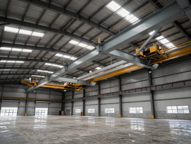 Wide-angle overhead shot of a large gantry bridge crane spanning an empty organized warehouse bay under sharp industrial fluorescent lighting, structural steel detail, no people