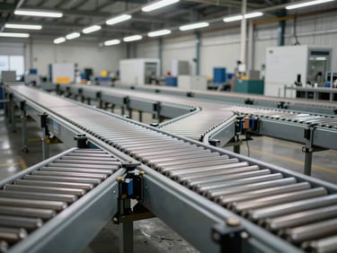 Wide shot of organized industrial conveyor belt assembly in a clean warehouse bay under high overhead fluorescent lighting, steel rollers and frame in precise alignment
