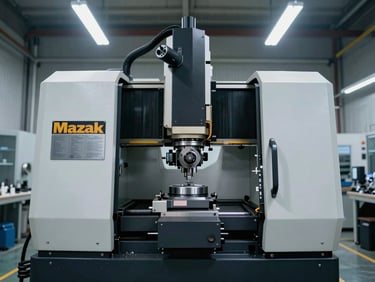 Overhead documentation shot of a Mazak CNC turning center on a clean warehouse floor under sharp fluorescent work lights, serial plate in frame, no people