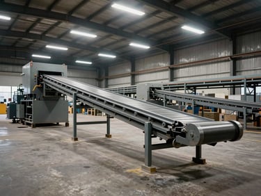 Wide shot of a large industrial conveyor belt system in an organized warehouse bay under overhead fluorescent work lights, empty floor, sharp contrast, no people
