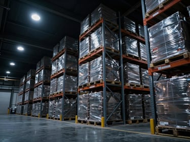 Dramatic low-key lighting inside a high-scale modern warehouse with steel racking, organized cargo containers, and cool metallic textures, wide-angle 35mm.