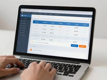 Close-up of a laptop screen showing a paid ads campaign dashboard with real cost-per-click and conversion metrics, hands resting near keyboard, bright neutral studio lighting, clean desk surface