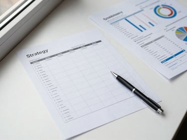 Overhead flat-lay of a strategy document with content calendar grid, printed analytics report and a pen pointing at a metric row, neutral daylight from window left, clean white surface