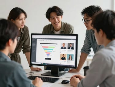 Team members in focused discussion around a monitor showing social media creative layouts and funnel diagrams, bright neutral studio lighting, no posed smiles, work-in-progress atmosphere