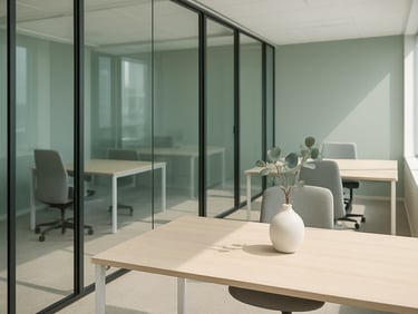 Sunlit high-end corporate office space, clean glass partitions, minimalist desks, a small eucalyptus branch in a ceramic vase, bright natural light, crisp details.