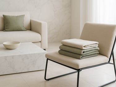 Bright editorial interior photography of a minimalist modern living room, pristine marble surfaces, neatly folded linen on a structured chair, soft diffused natural daylight, 35mm.