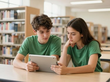 A medium shot of two high school students, a boy and a girl, discussing work on a tablet screen in a sunlit modern school library, looking thoughtful and engaged.