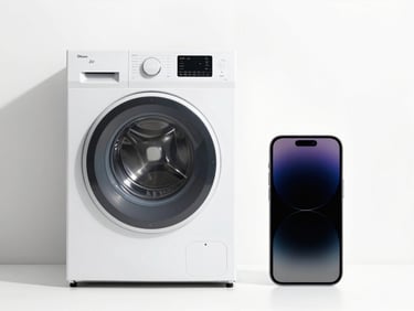 Bright high-key studio photography of a modern washing machine and a sleek smartphone side by side on a clean white backdrop, soft shadows, sharp focus