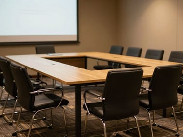 Modern corporate meeting room setup with elegant chairs and tables, projector screen, warm lighting, professional atmosphere, shallow depth of field, editorial