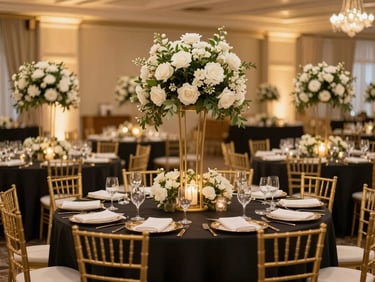 Elegant wedding reception setup in a grand hall, golden light, white floral arrangements, gold accents on tables, shallow depth of field, editorial