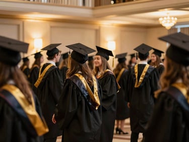 Graduation party in a beautifully lit event hall, students in caps and gowns celebrating, warm ambient light, elegant decor, shallow depth of field, editorial