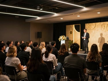 Dynamic workshop setting in a spacious event hall, attendees engaged, presenter on stage, modern decor, warm lighting, shallow depth of field, editorial