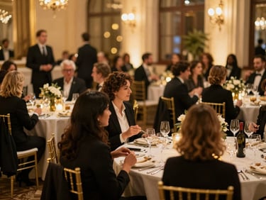 Festive corporate year-end party in a grand hall, employees celebrating, elegant decorations, warm golden light, shallow depth of field, editorial