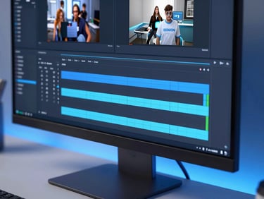 Sleek tech photography, modern minimalist home office setup, macro shot of a clean video editing timeline on a monitor with electric blue ambient backlighting, 50mm