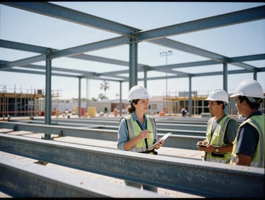 Female construction director in a hard hat, speaking with a crew member on a busy commercial job site, structural steel visible, bright California daylight, high-contrast cool tones, 35mm