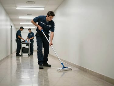 Zeladoria team member in uniform inspecting a polished corridor floor surface under fluorescent building light, mop and equipment cart visible in background