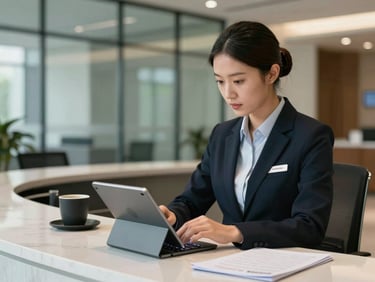 Receptionist in professional attire at a corporate lobby desk reviewing a visitor log on a tablet, glass facade and steel fixtures behind, available daylight