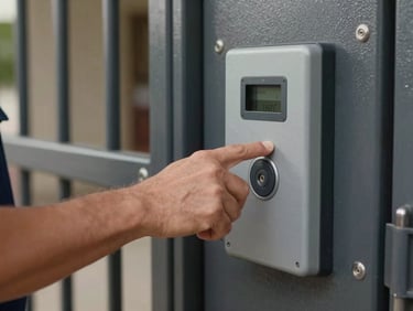 Close-up of a uniformed porteiro's hands operating an access control panel at a condominium gate, steel hardware and entry log visible, available indoor light