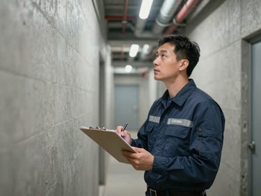 Zeladoria technician in uniform conducting a methodical inspection of building infrastructure in a utility corridor, clipboard in hand, concrete walls and pipe systems visible