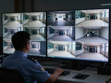 Security officer seated at a monitoring console reviewing multiple camera feeds, screens showing building entry points and corridors, low ambient light from monitors only
