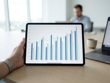 Macro photograph of a clean, high-end digital tablet displaying a sharp bar chart with a mint green accent line, bright neutral office background, cool daylight