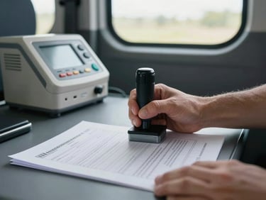 Close-up of hands stamping an official registration document on a van interior work surface, diagnostic equipment visible in the background, natural daylight through the van window