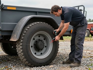 Medium shot from the side: technician inspecting the axle and braking system of an agricultural trailer parked on a farm yard, natural daylight, measuring instrument visible in hand, gravel ground underfoot