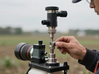 Close-up from the front: specialist spray nozzle calibration equipment attached to a field sprayer boom, technician's hand adjusting a fitting, overcast daylight, open field in soft background