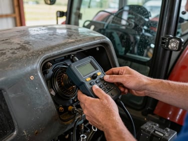 Close-up shot from above: diagnostic tool connected to a tractor's OBD port, technician's hands visible operating the device, natural daylight through an open barn door, worn metal tractor body in frame